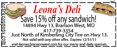 15% off any sandwich at Leona's Deli in  Branson West
