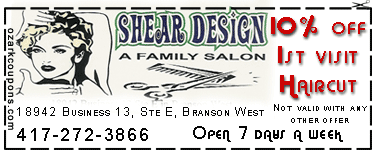 10 percent off 1st visit haircuts at Shear Design in Branson West